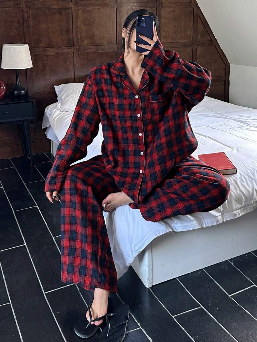 Dazy Plus Conjunto de pijama holgado a cuadros de talla grande, adecuado para todas las estaciones, ropa de otoño e invierno - Rojo - Ver 1