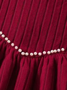 SHEIN 女童两件套：优雅奢华的电脑刺绣串珠针织罗纹抓绒上衣，方领泡泡袖设计，搭配简约修身针织喇叭裤——休闲可爱，适合户外穿着 - 酒紅色 - 查看 7