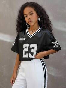 Coolane Kids Tween Girls Spring/Summer/Fall/Winter V-Neck Mesh Fabric Letter & Number Print Loose Cropped T-Shirt