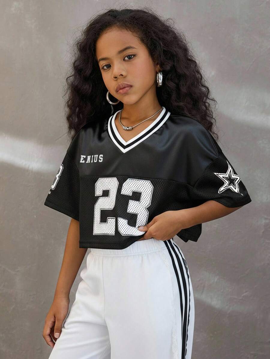 Coolane Kids Tween Girls Spring/Summer/Fall/Winter V-Neck Mesh Fabric Letter & Number Print Loose Cropped T-Shirt