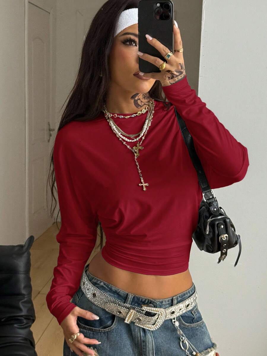 Coolane Women's Fall Minimalist Y2K Basic Daily Wear Casual Back To School Streetwear Stretchy White Loose Long Sleeve Ruched Crop Tees,Red Top,Christmas,Red Tops For Women - Burgundy - View 1