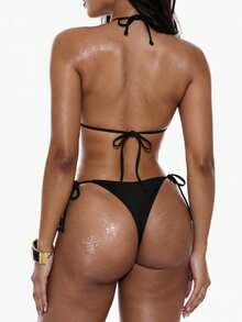 Swim Basics Summer Beach Halter Triangle Tie Side Bikini Set - Black - View 2