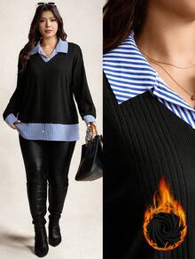 Zelara Plus Size Women'S Striped Color-Blocked Shirt Collar Two-In-One Top, Thanksgiving Women'S Clothing, New Year Women'S Clothing, Winter Dress, Winter Clothing, Women'S Rave Party Costume Elegant Plus Size Tops / Curvy Women'S Tops / Valentine'S Day / Elegant Women'S Blouse / Women'S Holiday Outfits / Birthday Dresses / Back-To-School Dresses / Plus Size Formal Dresses / Afternoon Tea Party Tops, Striped Patchwork Long-Sleeved Tops, Plus Size Faux Two-Piece Tops, Women'S Autumn Clothing, Winter, Fall, Halloween, Christmas, New Year, Thanksgiving, Party Clothing