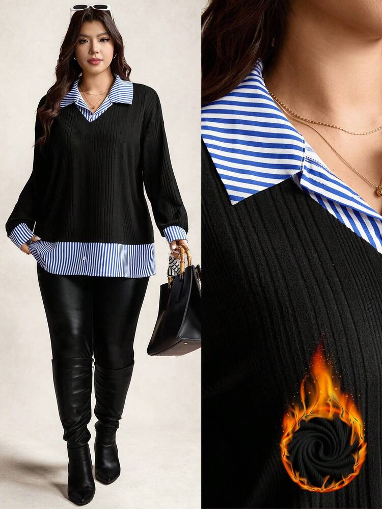 Zelara Plus Size Women's Striped Color-Blocked Shirt Collar Two-In-One Top, Thanksgiving , New Year , Winter , Rave Party Costume Elegant Plus Size Top - Multicolor - View 8