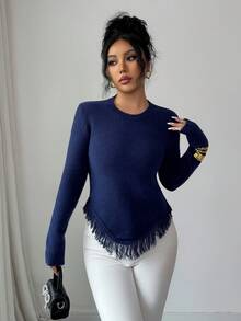 SHEIN Elenzya Women's Vintage Stockholm Style Graphic Pullover Sweater, Elegant & Versatile For Casual, Work, Dating, Autumn/Winter - Navy Blue - View 6