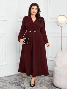 Modelyn Plus Size Elegant Metal Flower Decor Waist Cinched Long Sleeve Dress, Autumn - Burgundy - View 5