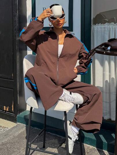 Muchica 2pcs A Stylish Color-Blocked Design-A Brown Trench Coat Paired With A  Blazer, Accented With Blue Piping, Effortlessly Creates A Streetwear Look. / A Sophisticated Must-Have-A Brown Suit Set Adorned With Blue Details. This Women's Brown Casual Two-Piece Set, Decorated With Contrasting Satin Ribbon Piping And A Warm Lining, Is Perfect For Autumn And Winter, Ideal For Outdoor Wear, And Adds A Touch Of Street Style. 2 Piece Pants Sets Woman