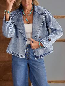EMERY ROSE Women's Drop Shoulder Long Sleeve Vintage Casual Loose Fit Denim Jacket - Blue - View 4