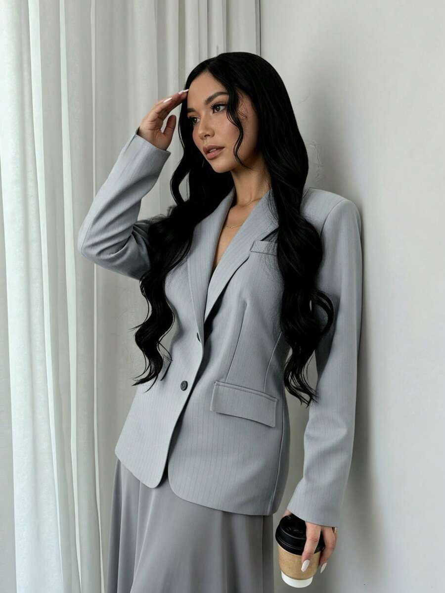 Almamuse 女士梭织宽松休闲百搭时尚甜美风长袖西装外套，秋冬款 - 鏽棕色 - 查看 1