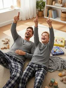 Tween Boy 棕色纯色舒适格子两件套睡衣套装（长裤和长袖） - 灰色 - 查看 4