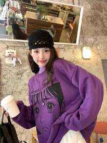 DAZY 女士休闲卡通印花圆领长袖卫衣，秋冬款 - 紫色 - 查看 3