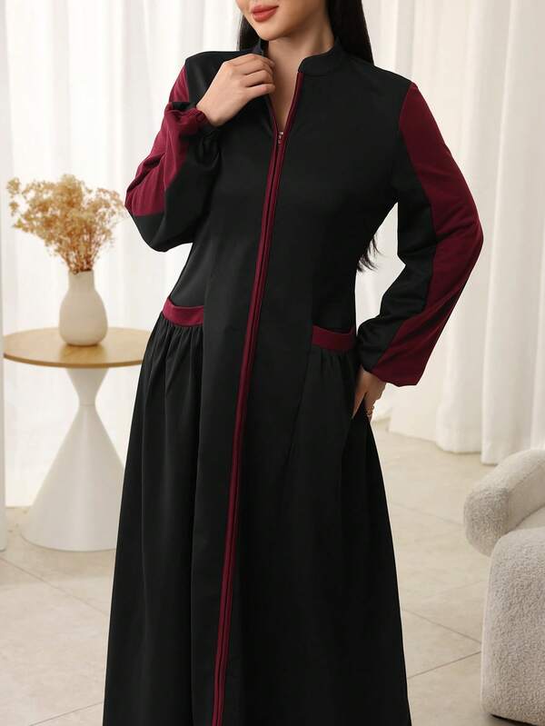 SHEIN Najma Women's High Collar Front Zipper Contrast Tape Long Sleeve Arabic Abaya