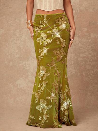 Lumalex Falda de sirena elegante y de oficina con bordado de lentejuelas para mujer