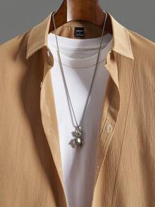 Manfinity Homme Completo casual da uomo composto da camicia a maniche lunghe monopetto tinta unita e pantaloni con coulisse in vita - Cachi - Visualizzare 5