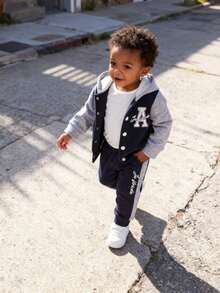 SHEIN 2pcs/Set Baby Boys Navy Blue Autumn Casual Page Boy Back-To-School Outfit,Letter "A" Print Button Sweatshirt Jacket & Colorblock Pants Tracksuit Set - Royal Blue - View 15