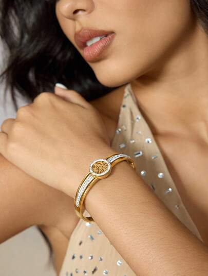 CUCCOO SZL 1pc Vintage Tree Pattern Gold-Tone Stainless Steel Bracelet With Rhinestones For Women