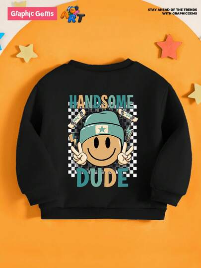 GraphicGems Moletom básico com gola redonda e estampa de letras "CARA BONITO" casual para meninos, estilo outono e inverno, pulôver aconchegante para meninos