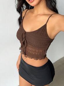 FavEase American Style Casual Texture Fabric Ruffled Strap Cami Top With Ties - Coffee Brown - View 5