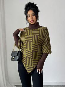 Elenzga Áo len Poncho cổ cao họa tiết hình học thanh lịch dành cho nữ, phối màu, thích hợp mặc ở nhà và đi du lịch, mùa xuân/thu - màu xanh lá - Xem 6