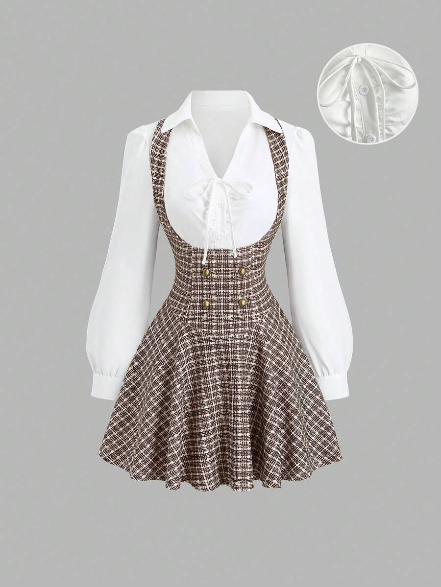 Sweetra French Elegant Early Autumn Long Sleeve 2 In 1 Dress, Fashionable Fresh Style, Casual Versatile Design, Slim Fit Flattering Silhouette, Suitable For Gatherings And Parties - Multicolor - View 1