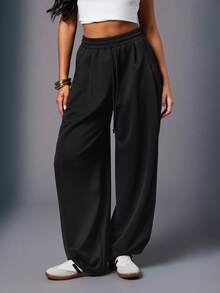 Hauture 女士基本款休闲衣橱必备黑色筒形运动裤 - 黑色 - 查看 2