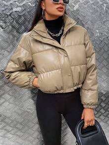EMERY ROSE Women's Solid Color Long Sleeve Zipper Front Short Padded Coat For Winter Clothes - Camel - View 4