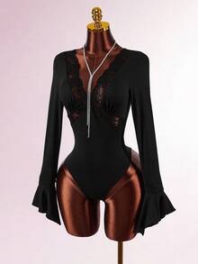 Amplova 女士时尚性感蕾丝拼接V领连体衣 - 黑色 - 查看 9