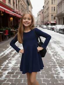 Emery Rose Kids Emery Rose Kids Váy dài tay trang trí nút màu xanh navy tối giản dễ thương cho bé gái, váy thu đông cho bé màu xanh navy cho bé mùa đông - Màu xanh lam - Xem 7