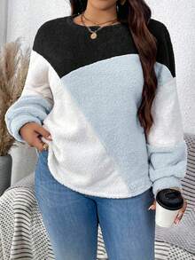 EMERY ROSE Sudadera de cuello redondo con bloques de color cálidos y acolchados en talla grande - Azul - Ver 1