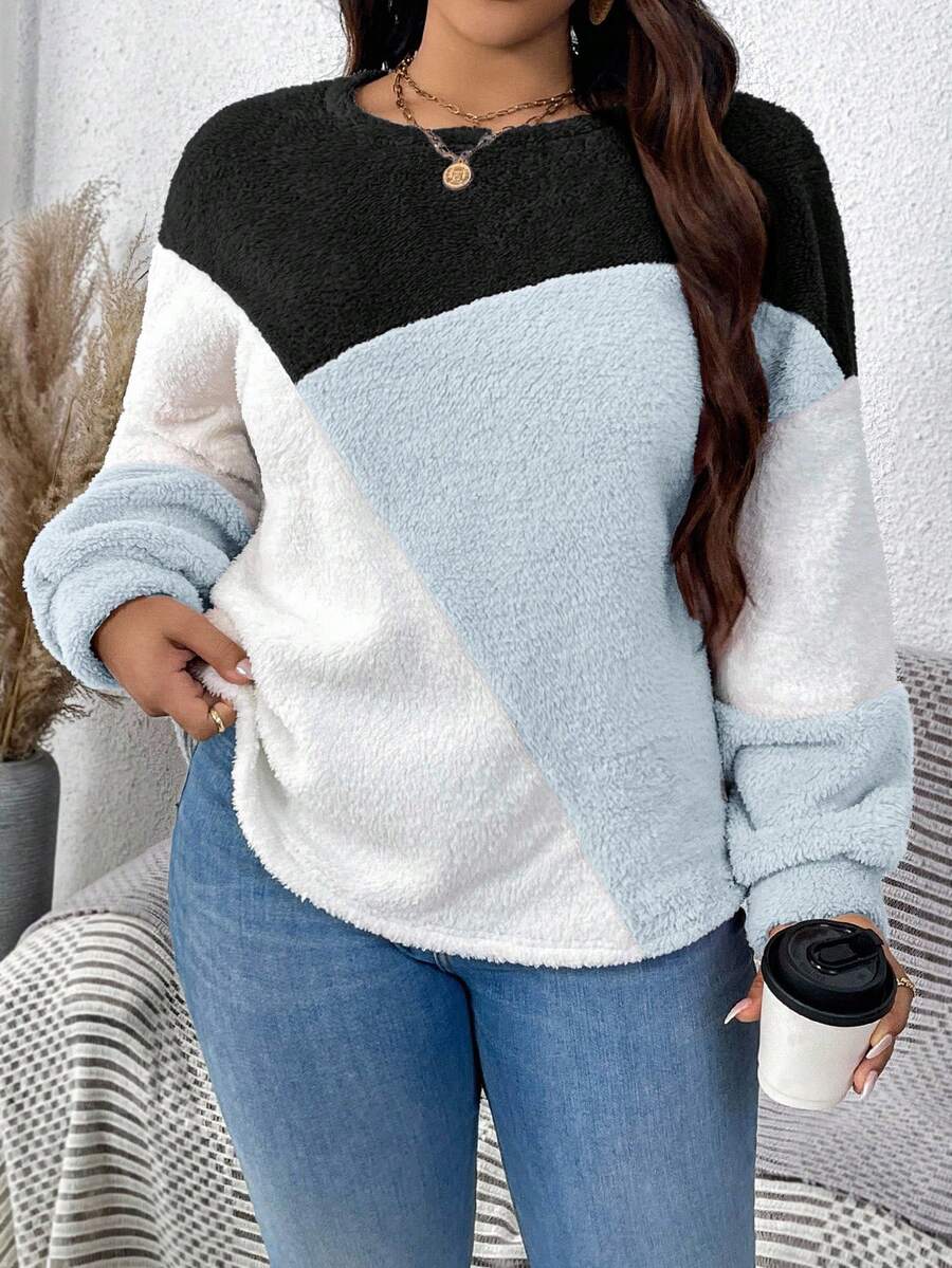 EMERY ROSE Sudadera de cuello redondo con bloques de color cálidos y acolchados en talla grande - Azul - Ver 1