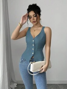 Elenzga Sommer Lässig Pendler einfarbiges Vorderseiten-Knopf Trägerhemd