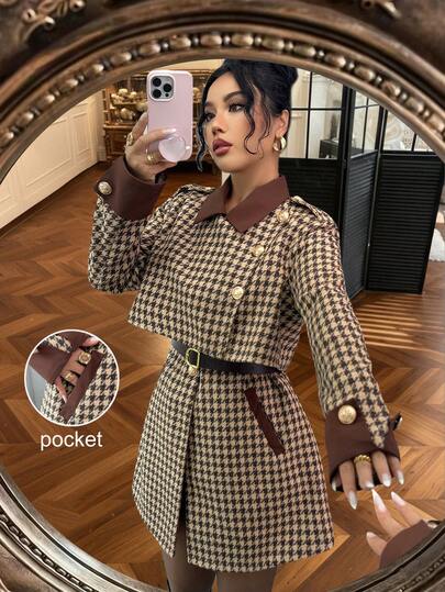 Elenzga Vestido formal elegante y de lujo para mujer, adecuado para Halloween, Navidad, Día Nacional de Arabia Saudita, fiesta de Año Nuevo, ceremonia de graduación, boda, capa con bloques de color de tweed tipo capa cortavientos con cinturón, abrigo ajustado de longitud regular en marrón y caqui con bolsillos