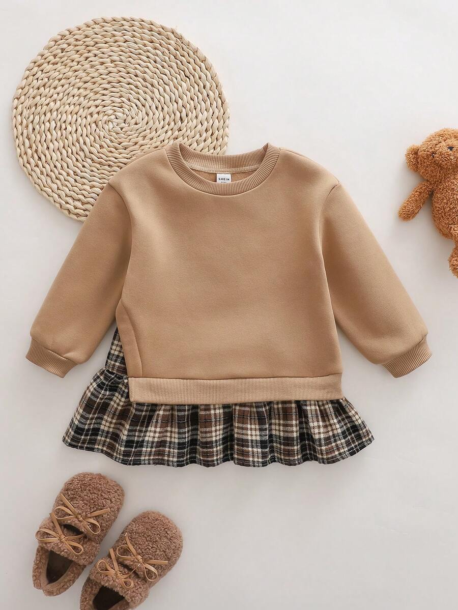 SHEIN 女婴可爱拼色长袖连衣裙，秋冬 - 杏色 - 查看 1