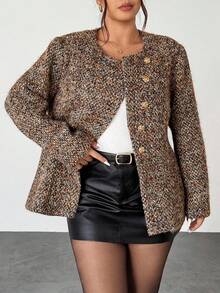 Firerie Oshea 棕色小香风夹克女2025新款春秋收腰修身金扣帅气羊毛外套系列 Oshea 棕色小香风夹克女2025新款春秋收腰修身金属扣帅气羊毛外套 粗花呢夹克女 女士粗花呢夹克 粗花呢西装外套女 棕色西装外套 棕色粗花呢夹克