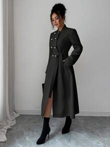 Elenzga 女士优雅通勤大衣，秋冬新款，简约双排扣设计，大地色系棕色，收腰设计，长袖中长款大衣 - 黑色 - 查看 5