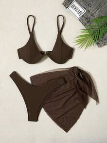 Swim Basics 3pcs Set Solid Color Rhinestone Decor Bikini For Beach/Resort For Summer Beach Vacation - Coffee Brown - View 2