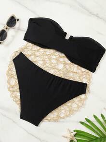 Swim Basics Women's Summer Beach Solid Color Pleated Strapless Sexy Bikini Set