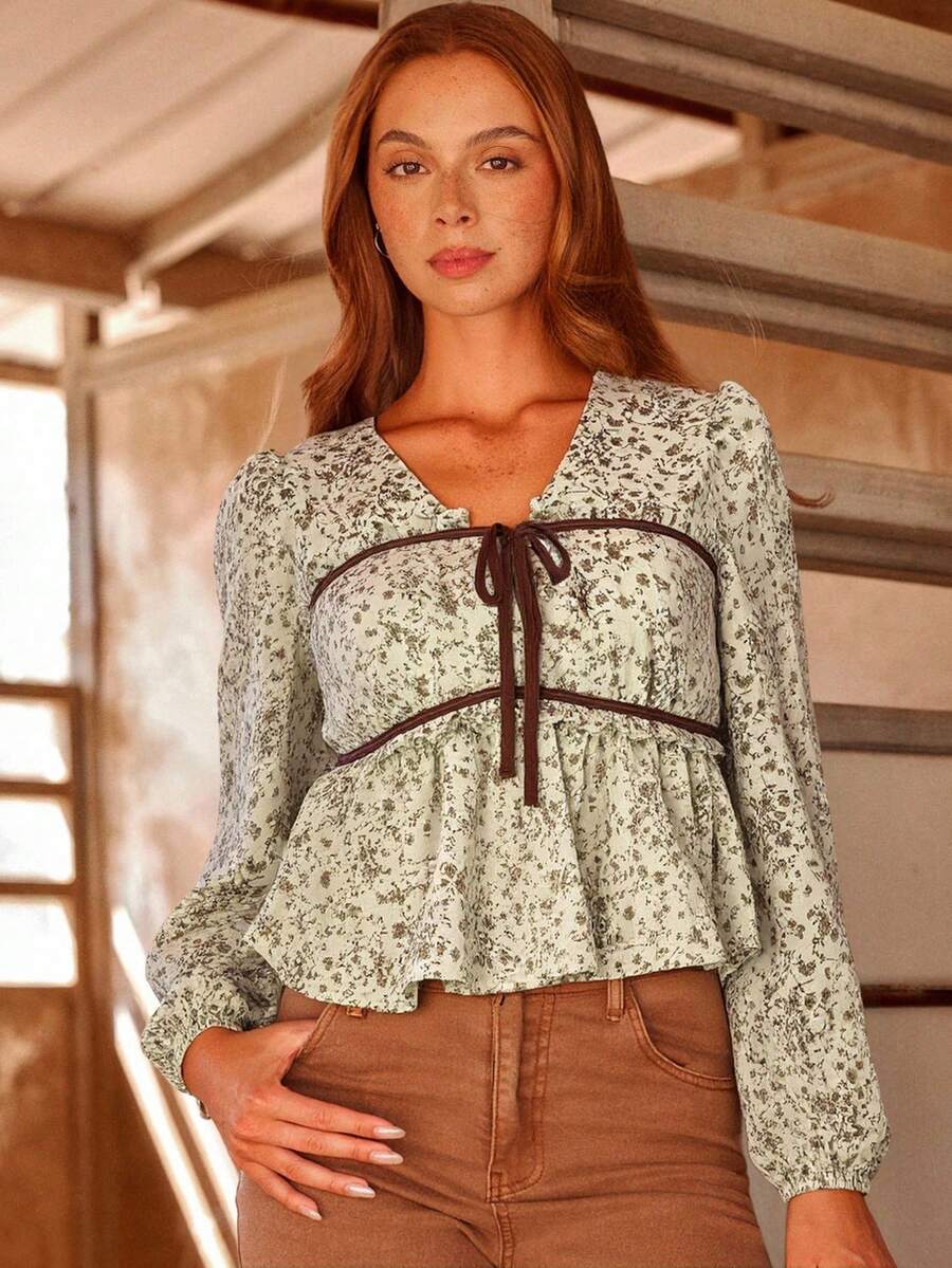 WESTFADE Áo voan hoa cổ chữ V khoét lỗ khóa phía trước tay dài bồng bềnh dễ thương cho nữ mùa thu - Nhiều màu - Xem 1