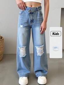 SHEIN ChillGRL Quần jean denim ống đứng, dáng suông, dáng suông, cạp chun cơ bản, thiết kế cạp chun, màu xanh nhạt, quần rách, phù hợp với mọi mùa, chất liệu vải thoải mái - Rửa nhẹ - Xem 5