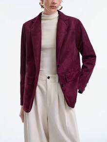SHEIN Stylify Women's Suede Thermal Lined Jacket,Rose Red Winter Long Sleeve Lapel Collar Button Closure Pockets,Vintage French Smart Casual Everyday Office Wear - Burgundy - View 5