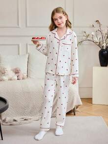 SHEIN Girls' Cherry Print Bubble Crinkle Button-Up Shirt Set - Apricot - View 2