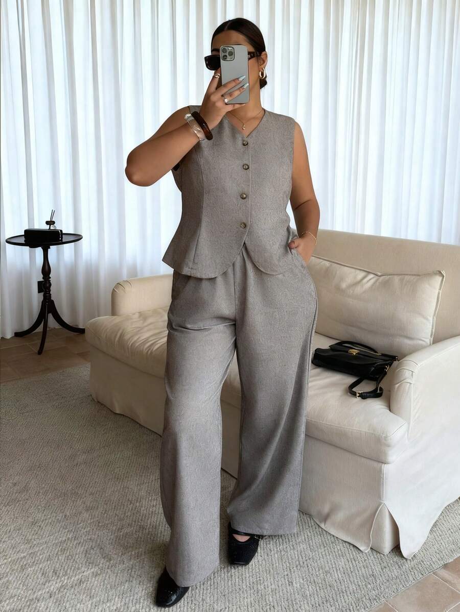 Dripcurv Plus Size Women's Grey Summer Smart Casual Office Suit Set,Single-Breasted Vest And Pants,Vintage Retro Commuter Style For Autumn/Winter Wear - Coffee Brown - View 1