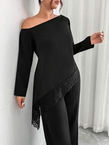 Elenzga Herbst und Winter Große Größen Damen Zweiteiler mit asymmetrischem rückenfreiem Top mit Spitzenbesatz, elegantes Abend-Cocktail-Outfit mit Langarmhemd und Hose, geeignet für festliche Anlässe, Hochzeitsgäste Frühling Sommer Herbst, Off-Shoulder Top - Schwarz - Übersicht 5
