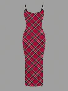 Slaydiva 女士休闲简约红黑撞色格纹连衣裙，适合秋冬季节，圣诞格纹，充满圣诞氛围 - 彩色 - 查看 3