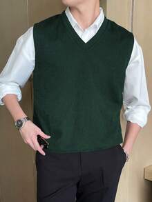 DAZY Áo vest dệt kim cổ chữ V màu xanh lá cây thời trang thường ngày cho nam, mùa thu - màu xanh lá - Xem 5