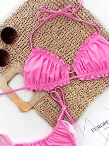 Bonvoyette Conjunto de bikini con volantes, cuello halter y frente retorcido de unicolor