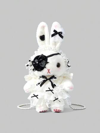 Kawaii 1 pezzo Borsa a tracolla in stile punk scuro con decorazione personalizzata, a forma di coniglio in peluche bianco, design creativo di nicchia, stile cool zaino