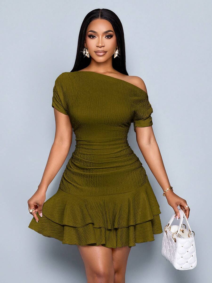SOLERSUN Women's Elegant Party Daytime Apricot Knitted Asymmetrical Neck Neck Long Sleeves Gathered Double Ruffle Mini Dress - Olive Green - View 1
