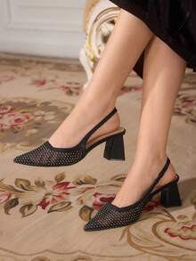 CUCCOO TILAWA 时尚裸色全水钻透明 PVC 露趾踝带高跟凉鞋，适合通勤、约会和派对 - 黑色 - 查看 4