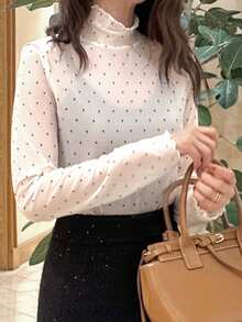 FRIFUL Women's Mesh Sheer High Neck Tee, See-Through Top For Summer - White - View 2